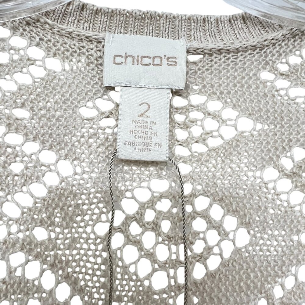 Chico's 100% linen crochet Teal Mix Fringe Detail Cardigan women's size 2 / L - Picture 4 of 8